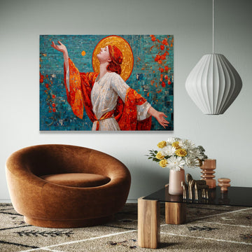 Radiant Woman Mosaic Canvas, Art Nouveau Wall Art, Vibrant Red and Gold, Spiritual Home Decoration, Gift Art, Home Decor, Print