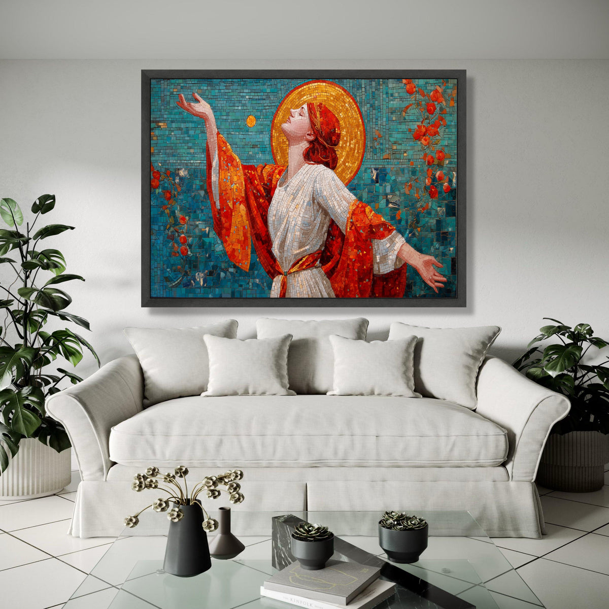 Radiant Woman Mosaic Canvas, Art Nouveau Wall Art, Vibrant Red and Gold, Spiritual Home Decoration, Gift Art, Home Decor, Print