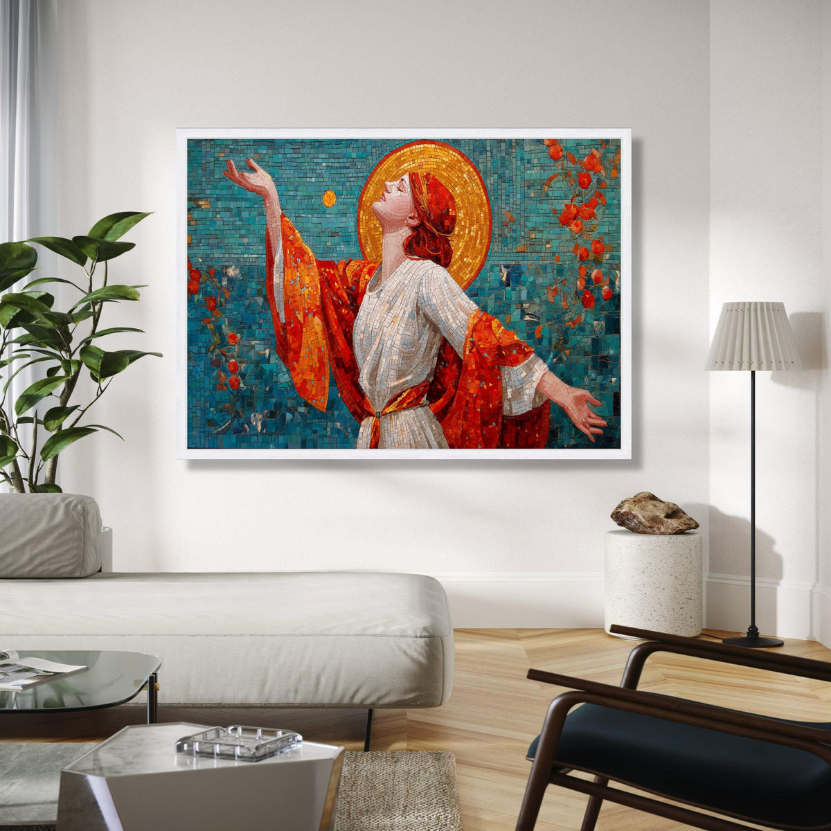 Radiant Woman Mosaic Canvas, Art Nouveau Wall Art, Vibrant Red and Gold, Spiritual Home Decoration, Gift Art, Home Decor, Print
