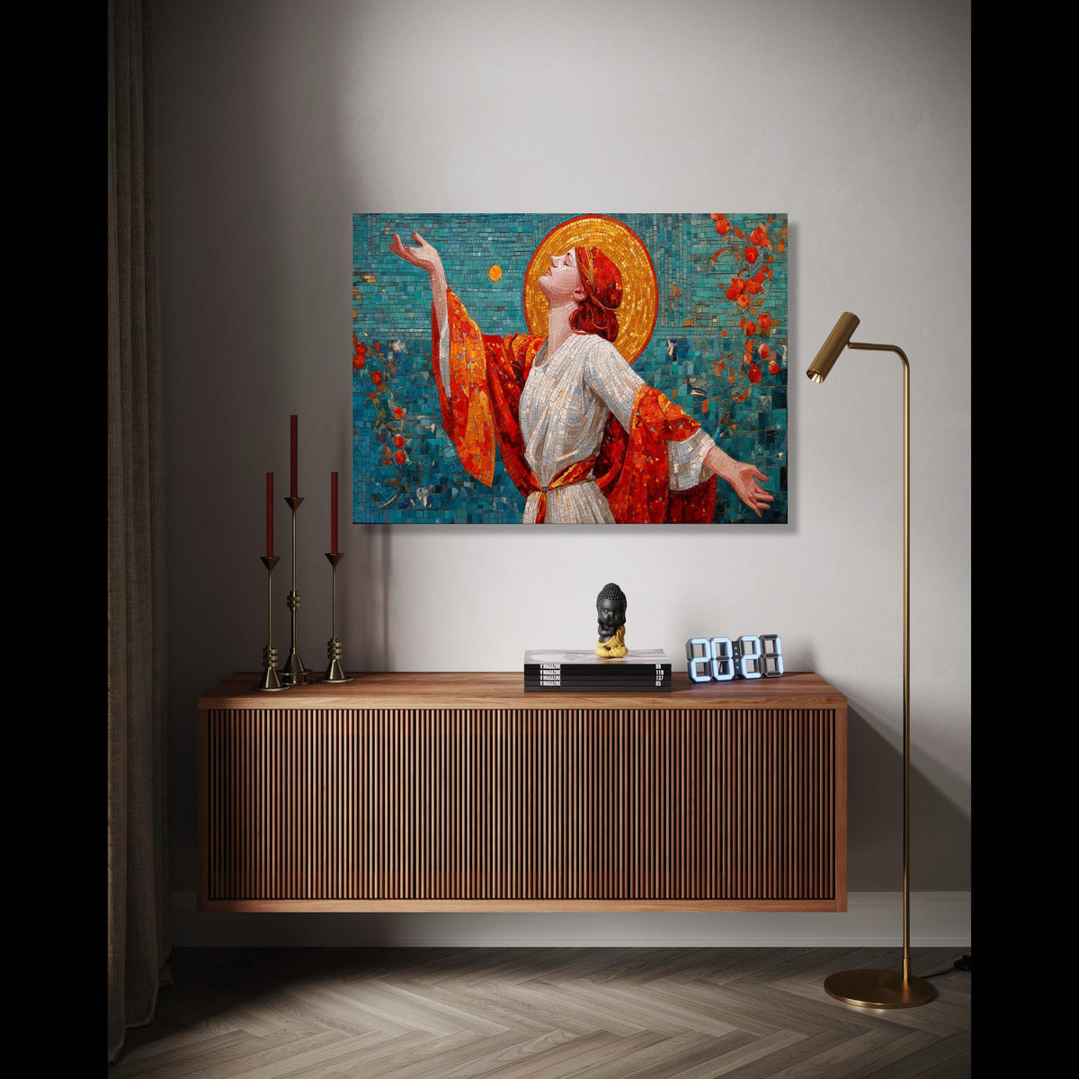 Radiant Woman Mosaic Canvas, Art Nouveau Wall Art, Vibrant Red and Gold, Spiritual Home Decoration, Gift Art, Home Decor, Print