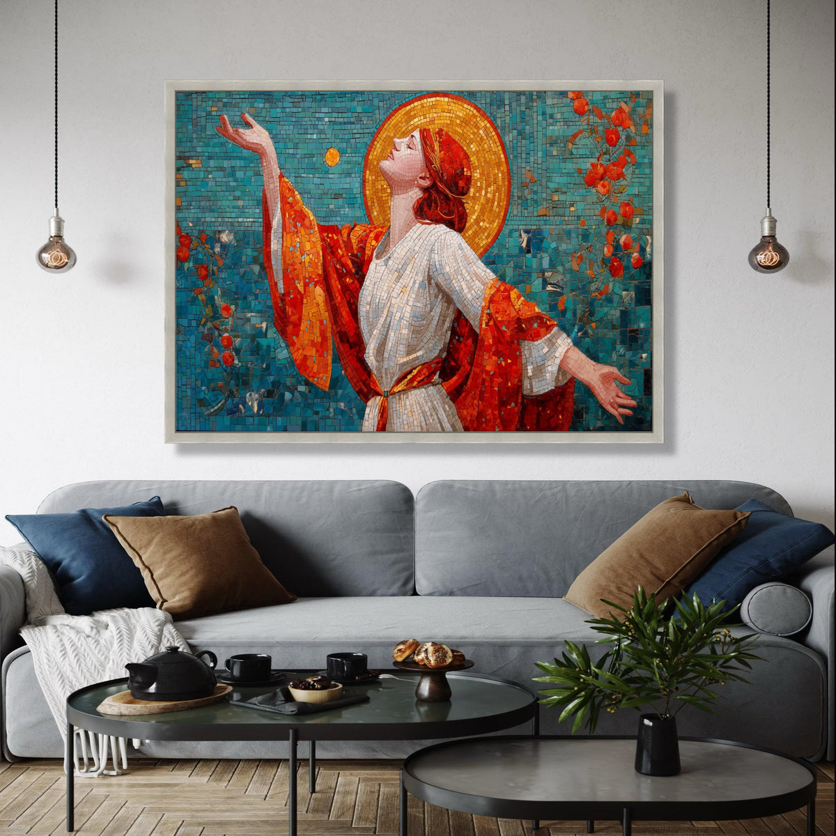 Radiant Woman Mosaic Canvas, Art Nouveau Wall Art, Vibrant Red and Gold, Spiritual Home Decoration, Gift Art, Home Decor, Print