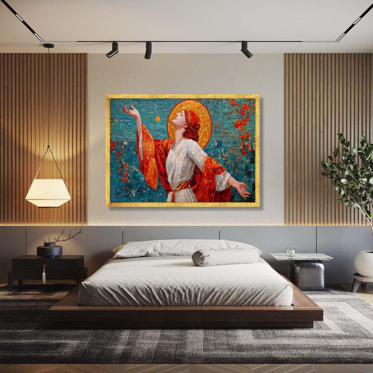 Radiant Woman Mosaic Canvas, Art Nouveau Wall Art, Vibrant Red and Gold, Spiritual Home Decoration, Gift Art, Home Decor, Print