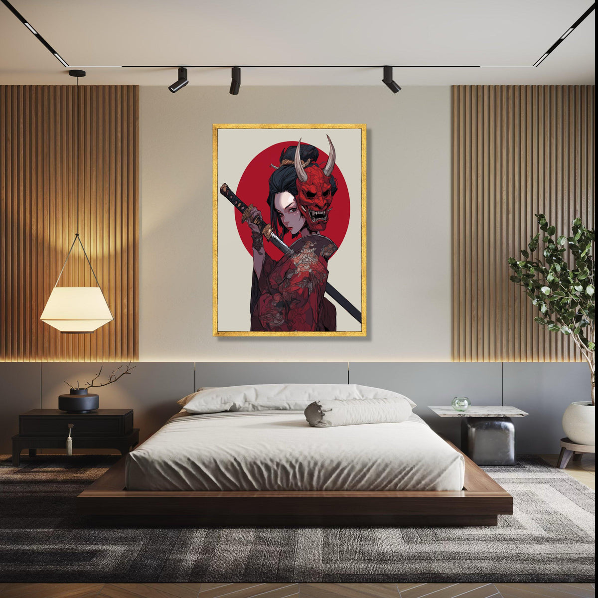 Fierce Samurai Woman Canvas Wall Art, Red Oni Mask Illustration, Japanese Sword Warrior, Traditional Kimono Gift Art, Home Decor, Print