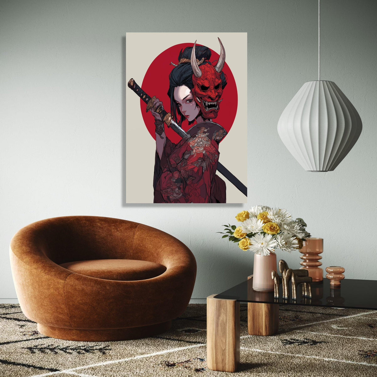 Fierce Samurai Woman Canvas Wall Art, Red Oni Mask Illustration, Japanese Sword Warrior, Traditional Kimono Gift Art, Home Decor, Print