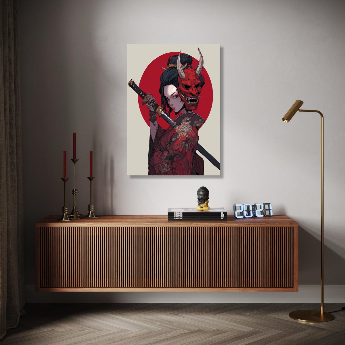 Fierce Samurai Woman Canvas Wall Art, Red Oni Mask Illustration, Japanese Sword Warrior, Traditional Kimono Gift Art, Home Decor, Print