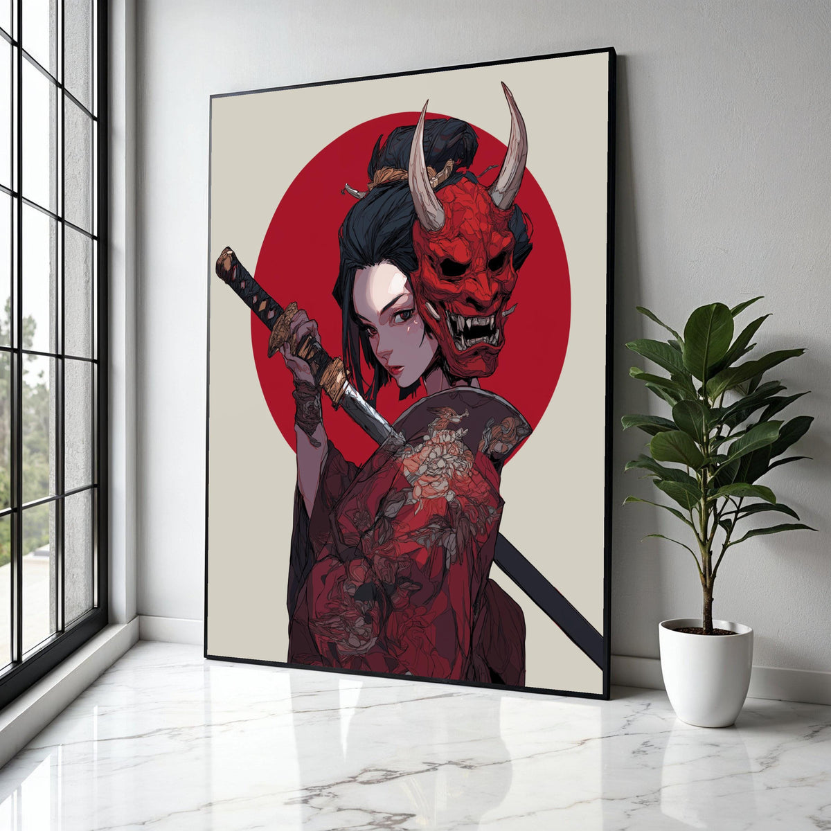 Fierce Samurai Woman Canvas Wall Art, Red Oni Mask Illustration, Japanese Sword Warrior, Traditional Kimono Gift Art, Home Decor, Print