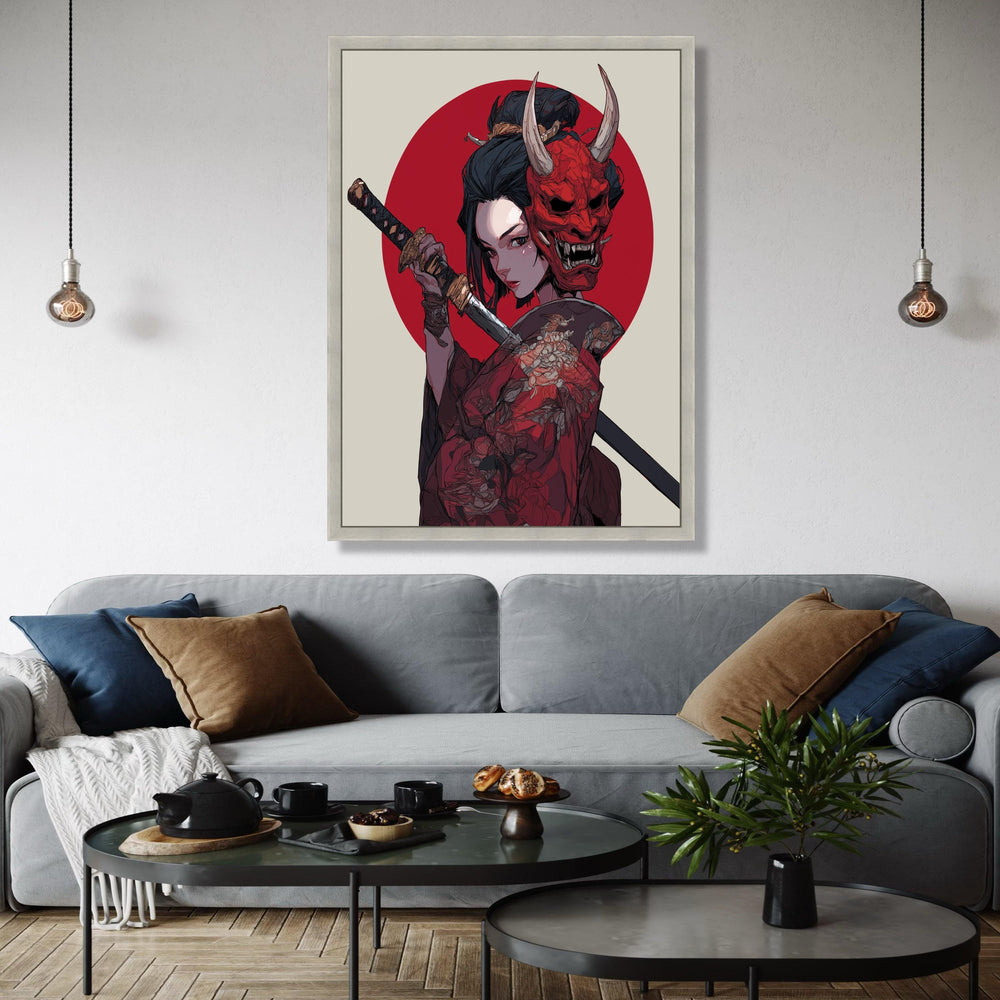 Fierce Samurai Woman Canvas Wall Art, Red Oni Mask Illustration, Japanese Sword Warrior, Traditional Kimono Gift Art, Home Decor, Print