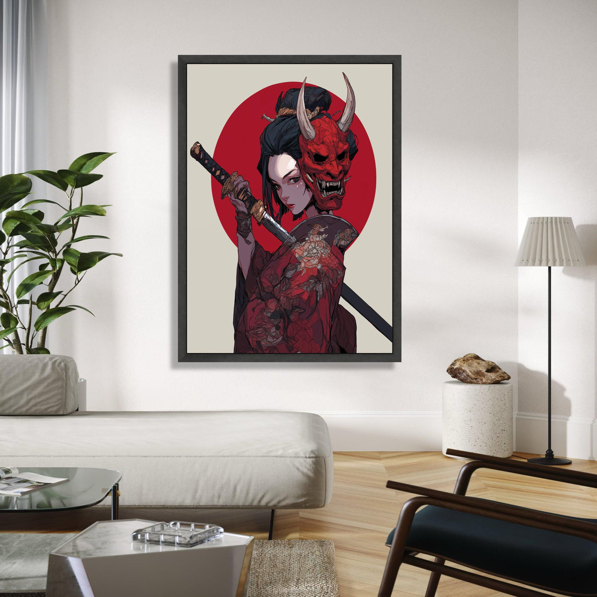 Fierce Samurai Woman Canvas Wall Art, Red Oni Mask Illustration, Japanese Sword Warrior, Traditional Kimono Gift Art, Home Decor, Print