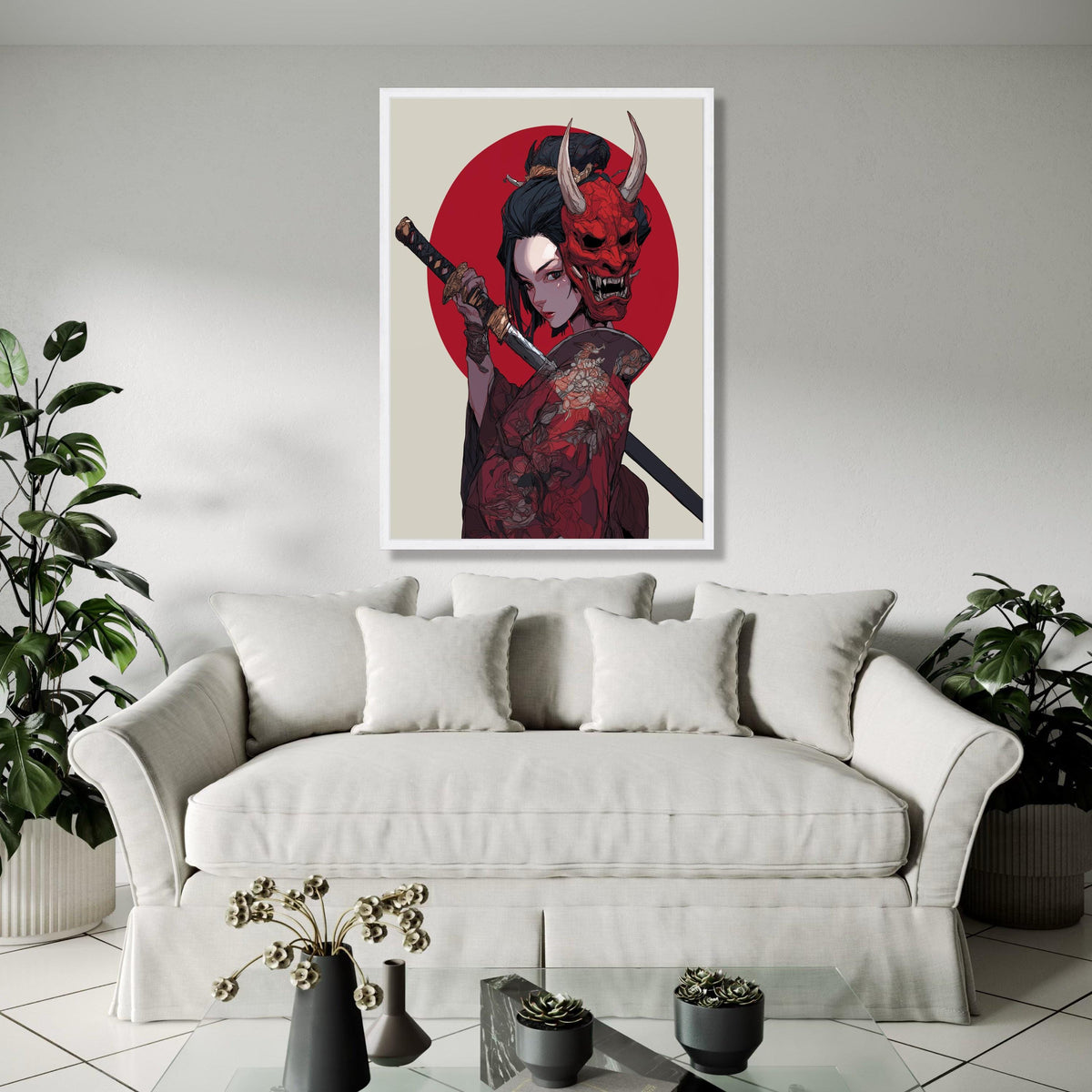 Fierce Samurai Woman Canvas Wall Art, Red Oni Mask Illustration, Japanese Sword Warrior, Traditional Kimono Gift Art, Home Decor, Print