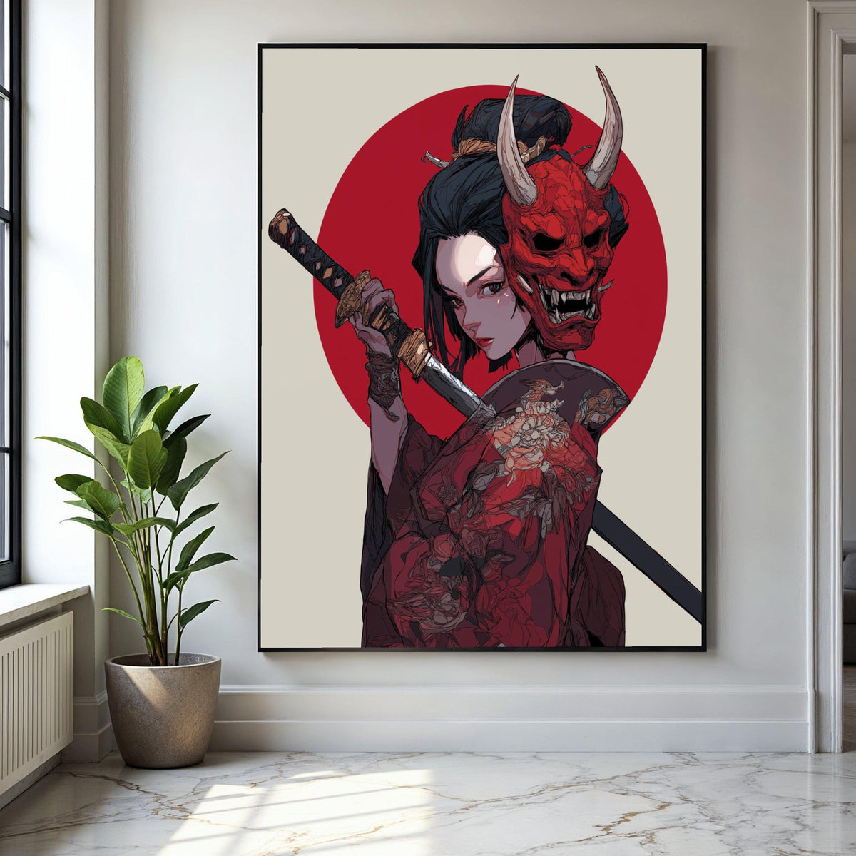 Fierce Samurai Woman Canvas Wall Art, Red Oni Mask Illustration, Japanese Sword Warrior, Traditional Kimono Gift Art, Home Decor, Print