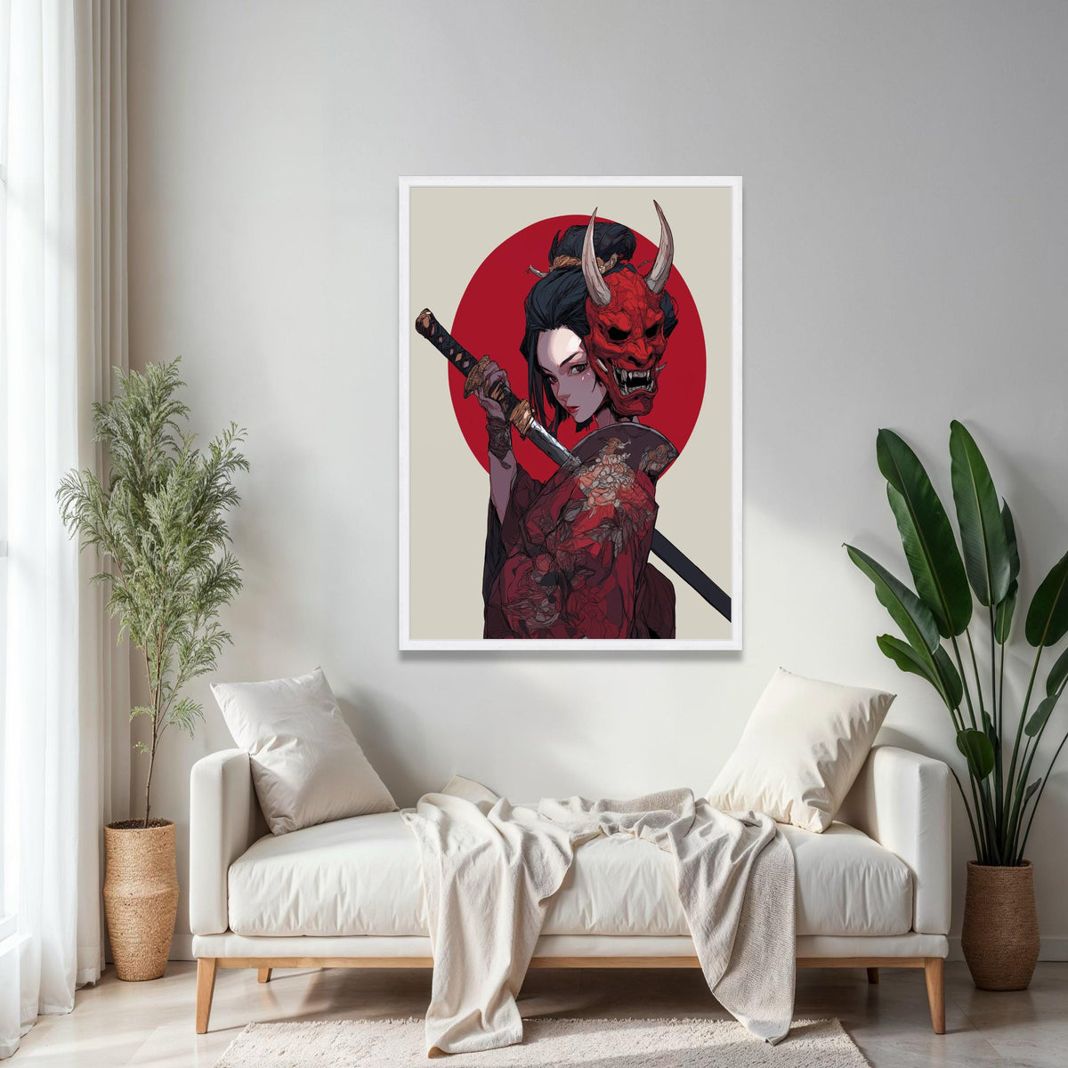 Fierce Samurai Woman Canvas Wall Art, Red Oni Mask Illustration, Japanese Sword Warrior, Traditional Kimono Gift Art, Home Decor, Print