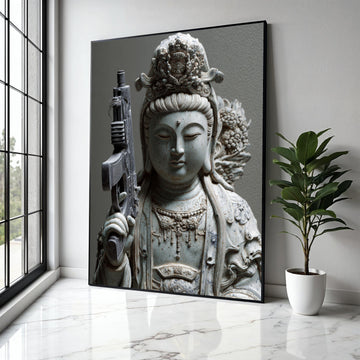 Modern Spiritual Contrast Canvas, Buddha Statue with Rifle Art, Contemporary Asian Sculpture Print, Unique Home Gift Art, Home Decor, Print