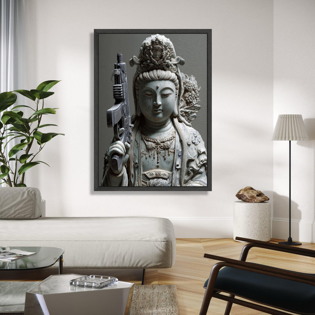 Modern Spiritual Contrast Canvas, Buddha Statue with Rifle Art, Contemporary Asian Sculpture Print, Unique Home Gift Art, Home Decor, Print