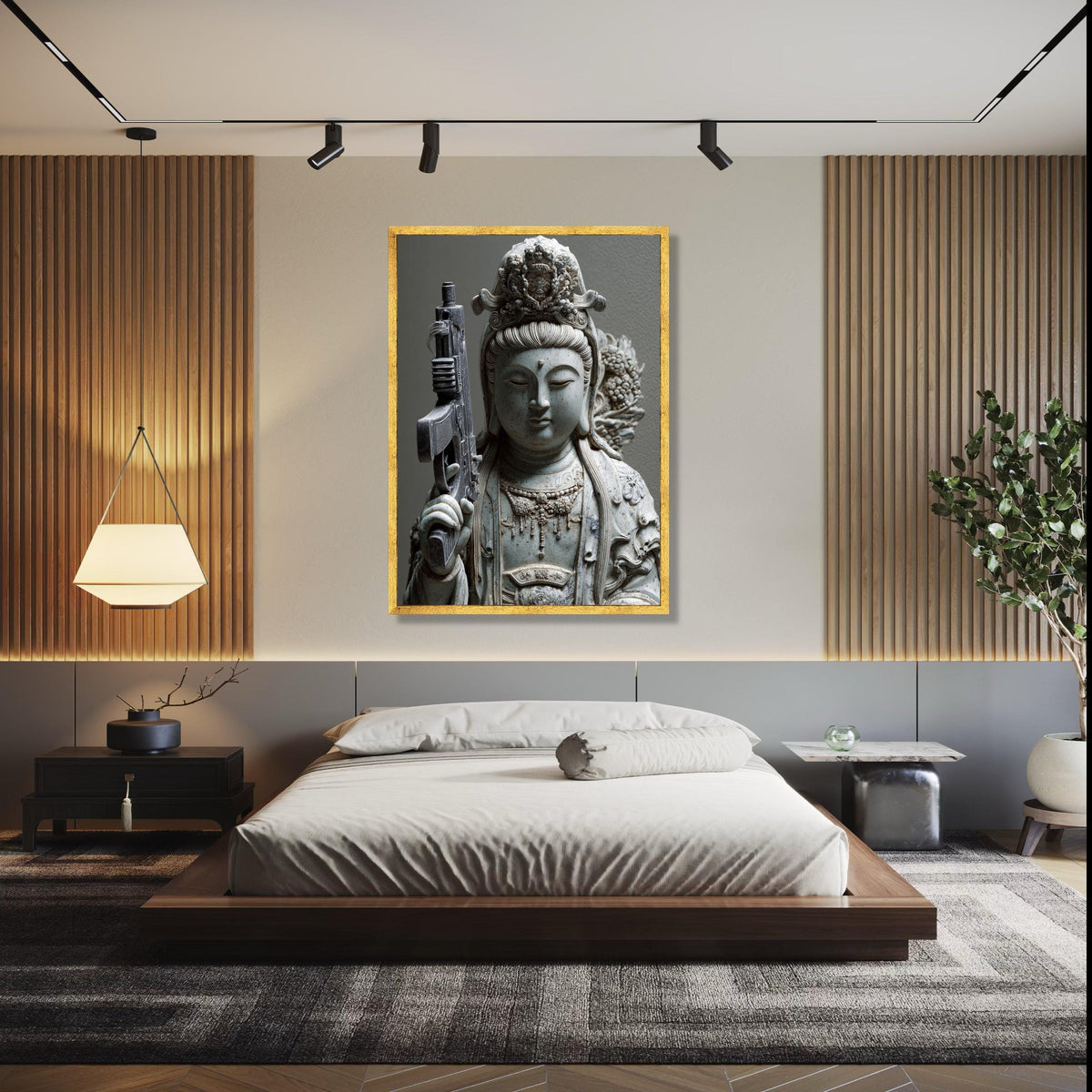 Modern Spiritual Contrast Canvas, Buddha Statue with Rifle Art, Contemporary Asian Sculpture Print, Unique Home Gift Art, Home Decor, Print