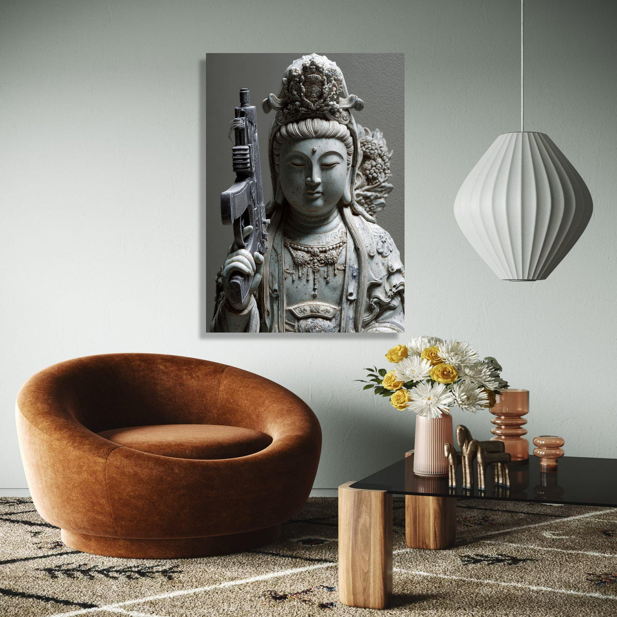 Modern Spiritual Contrast Canvas, Buddha Statue with Rifle Art, Contemporary Asian Sculpture Print, Unique Home Gift Art, Home Decor, Print