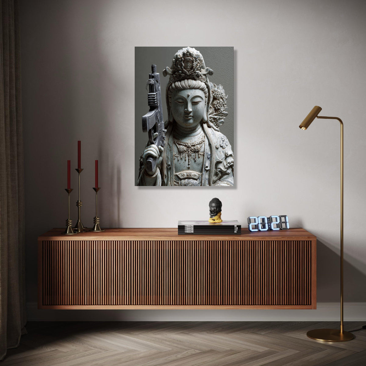 Modern Spiritual Contrast Canvas, Buddha Statue with Rifle Art, Contemporary Asian Sculpture Print, Unique Home Gift Art, Home Decor, Print