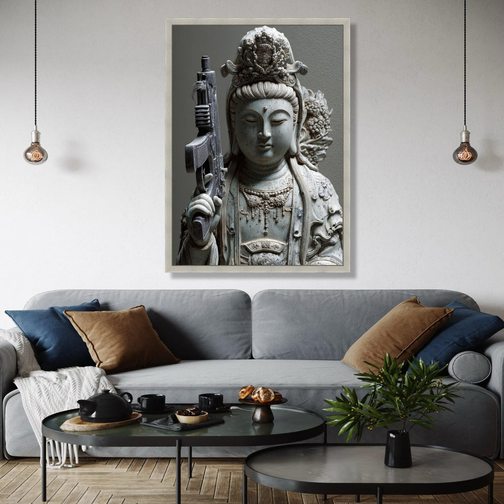 Modern Spiritual Contrast Canvas, Buddha Statue with Rifle Art, Contemporary Asian Sculpture Print, Unique Home Gift Art, Home Decor, Print