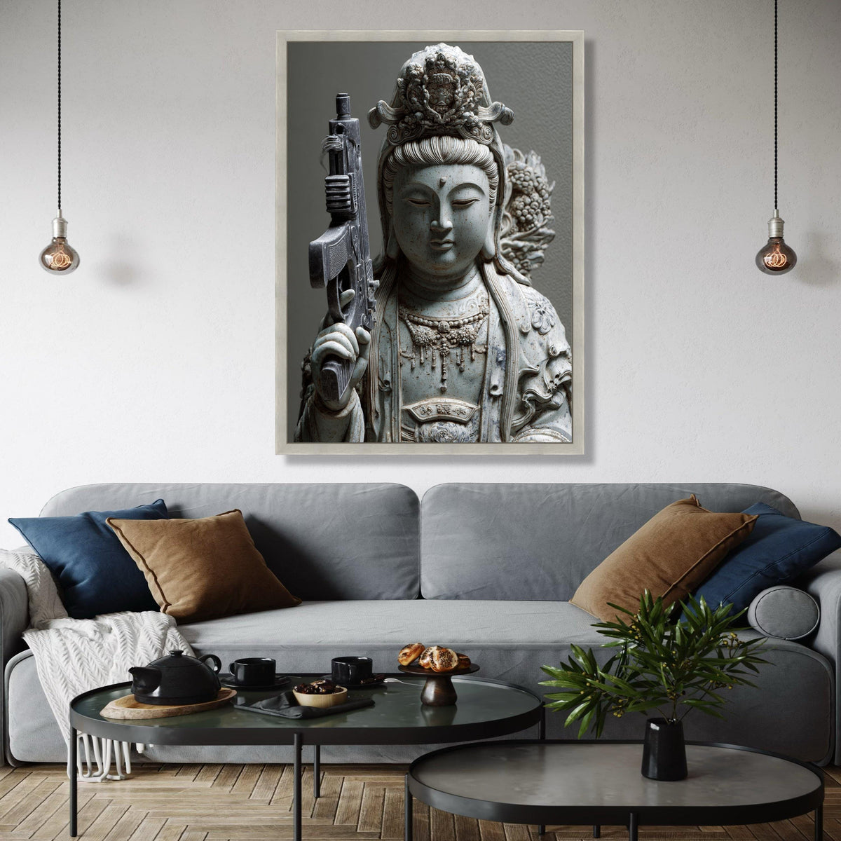Modern Spiritual Contrast Canvas, Buddha Statue with Rifle Art, Contemporary Asian Sculpture Print, Unique Home Gift Art, Home Decor, Print