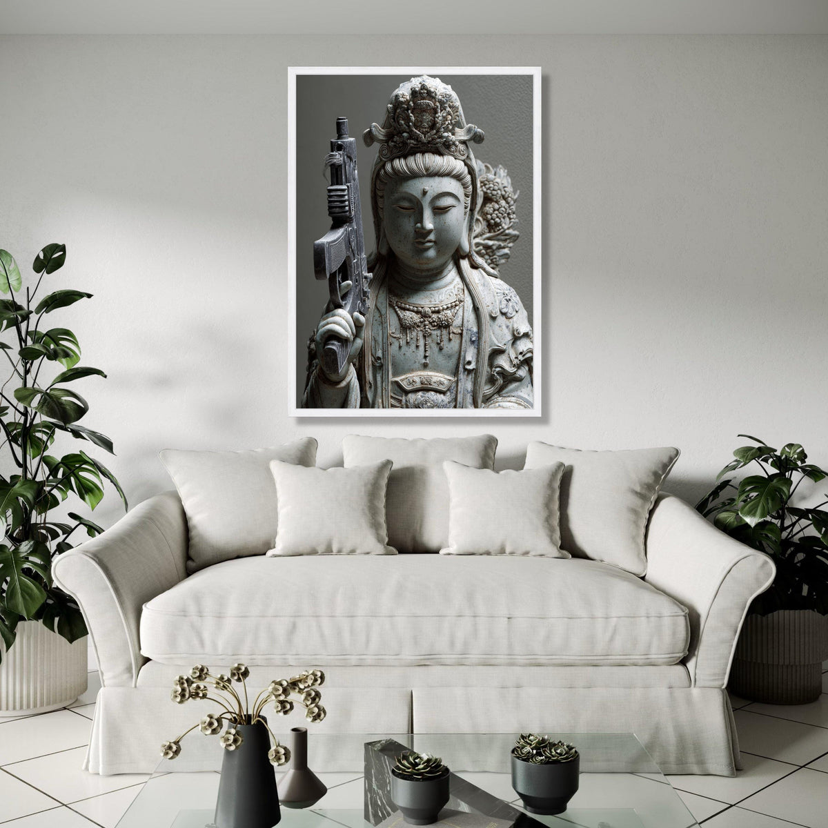 Modern Spiritual Contrast Canvas, Buddha Statue with Rifle Art, Contemporary Asian Sculpture Print, Unique Home Gift Art, Home Decor, Print