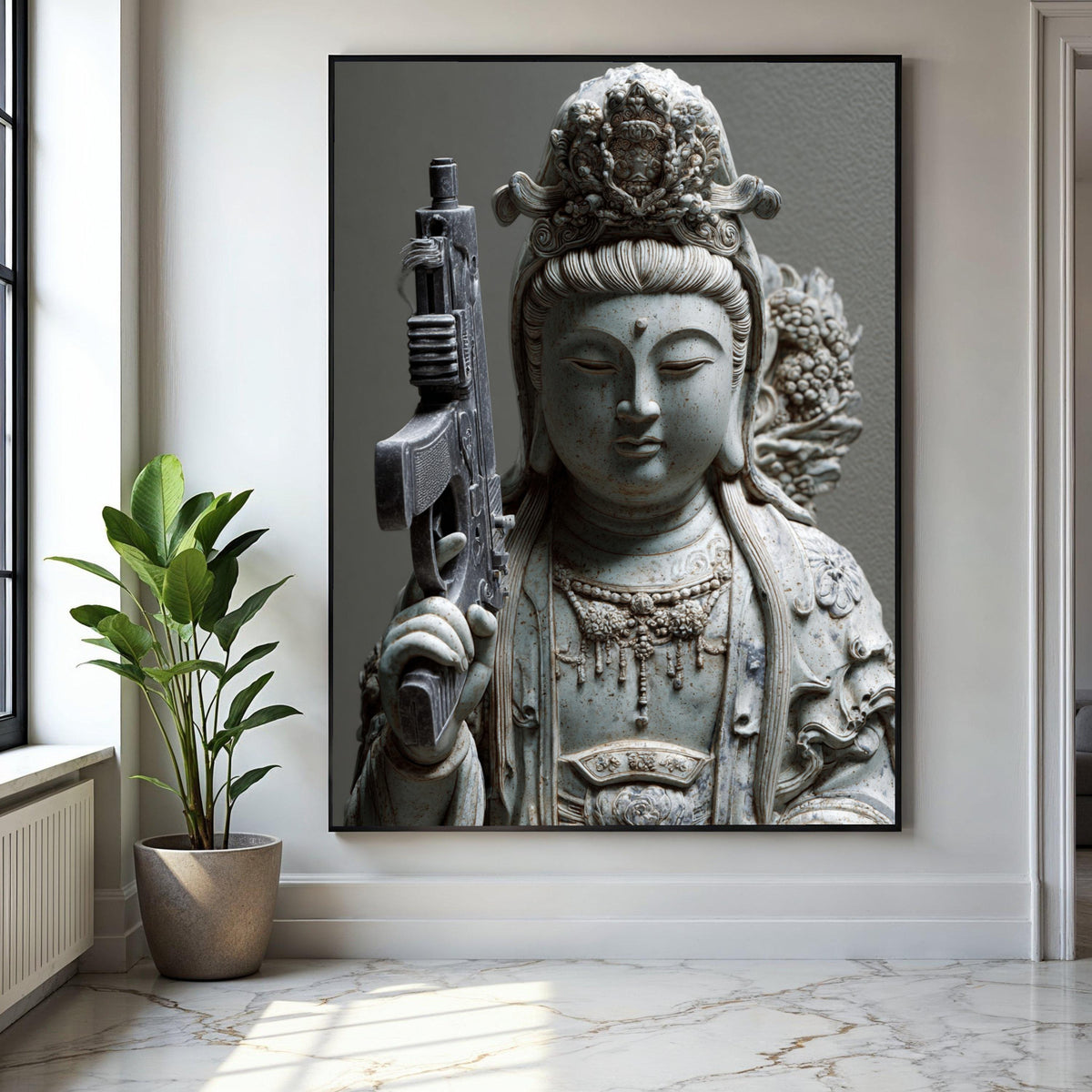 Modern Spiritual Contrast Canvas, Buddha Statue with Rifle Art, Contemporary Asian Sculpture Print, Unique Home Gift Art, Home Decor, Print