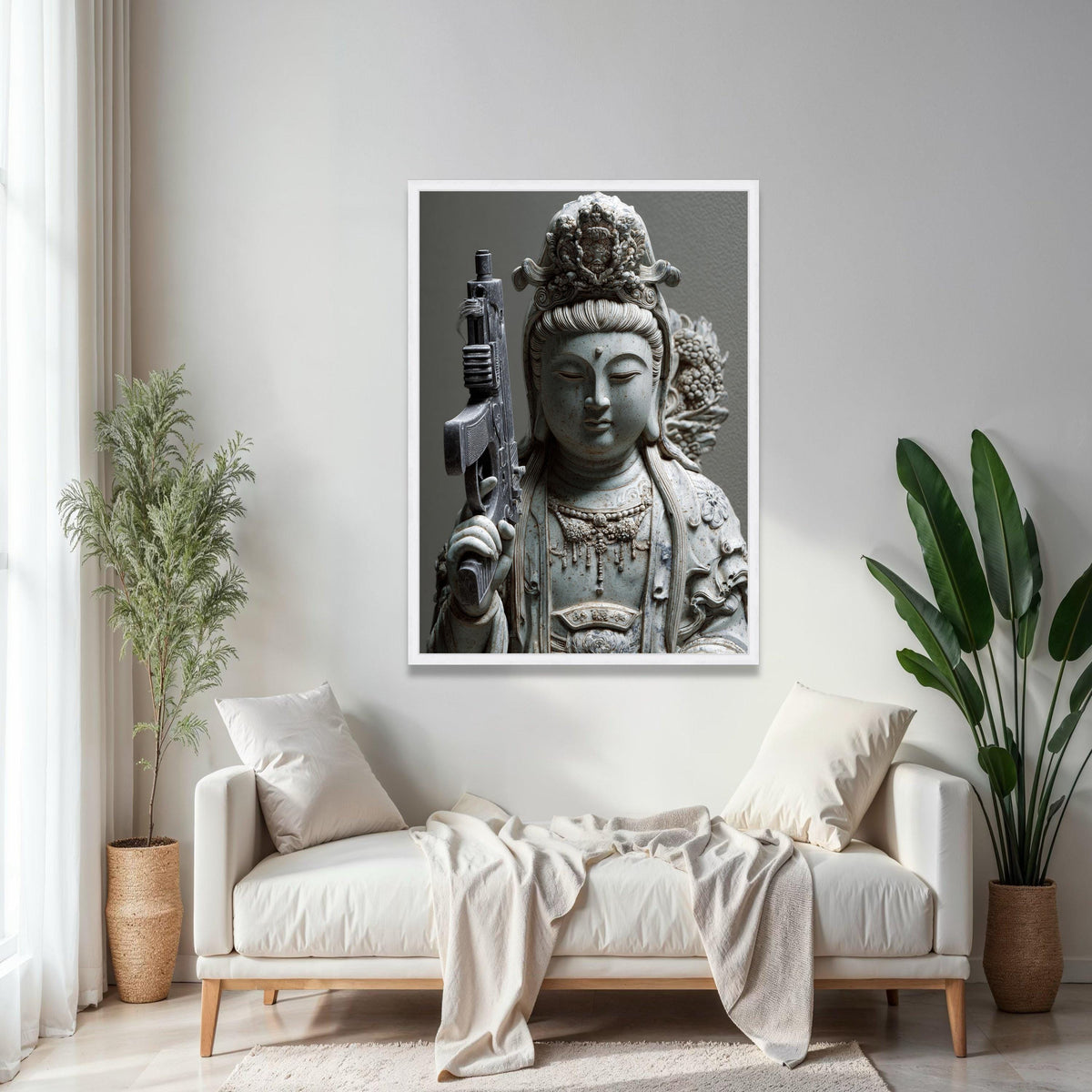 Modern Spiritual Contrast Canvas, Buddha Statue with Rifle Art, Contemporary Asian Sculpture Print, Unique Home Gift Art, Home Decor, Print