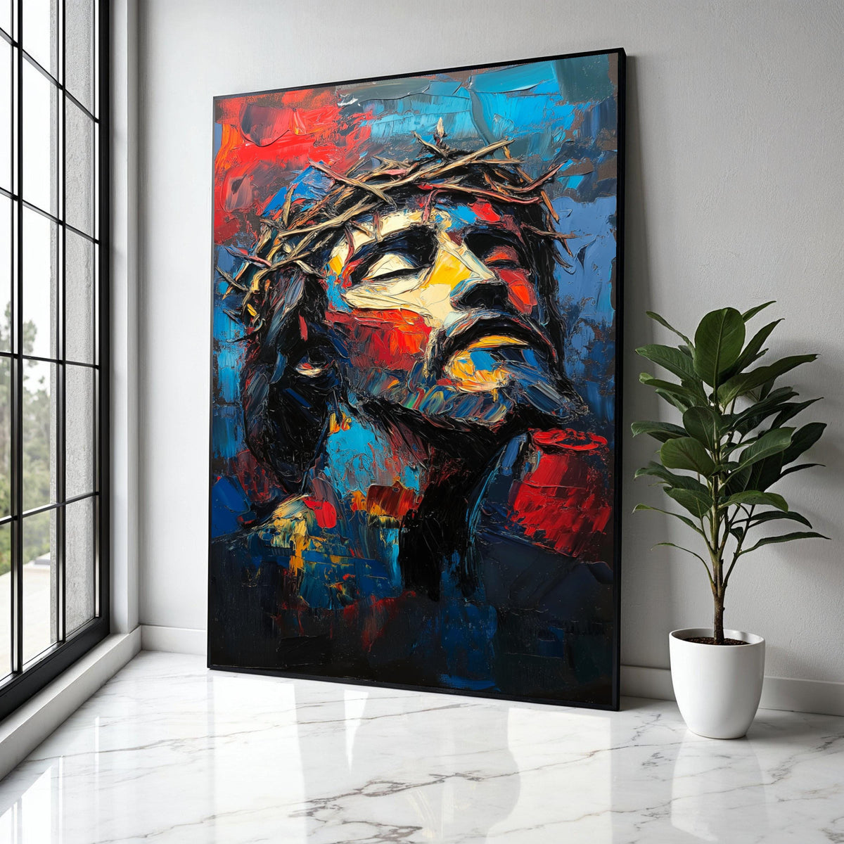 Abstract Jesus Christ Portrait Canvas, Crown of Thorns Wall Art, Religious Spiritual Canvas, Expressionist Gift Art, Home Decor, Print