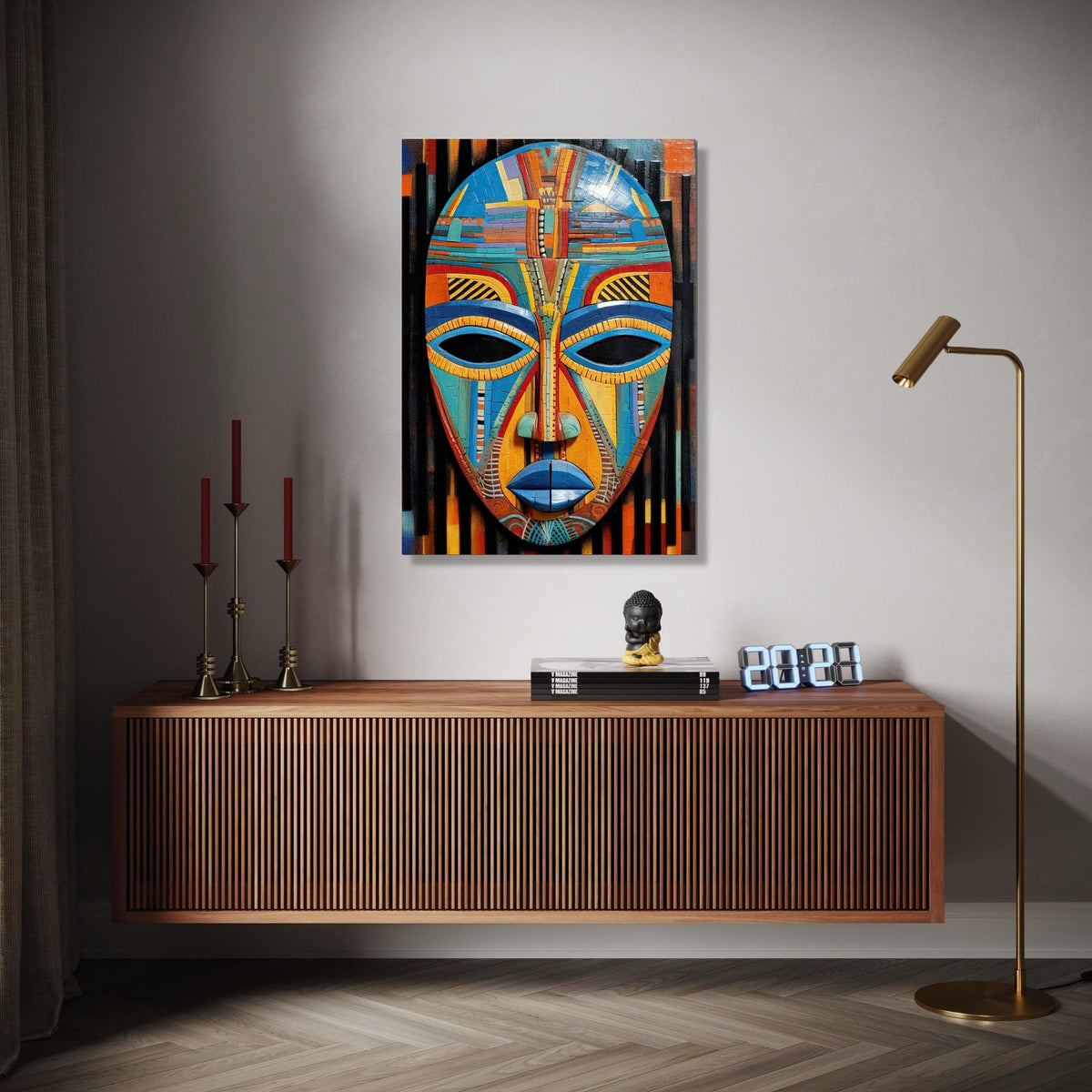 Vibrant Tribal Mask Canvas Wall Art, Colorful African Mask Painting, Ethnic Decor, Modern Abstract Canvas, Ready Gift Art, Home Decor, Print