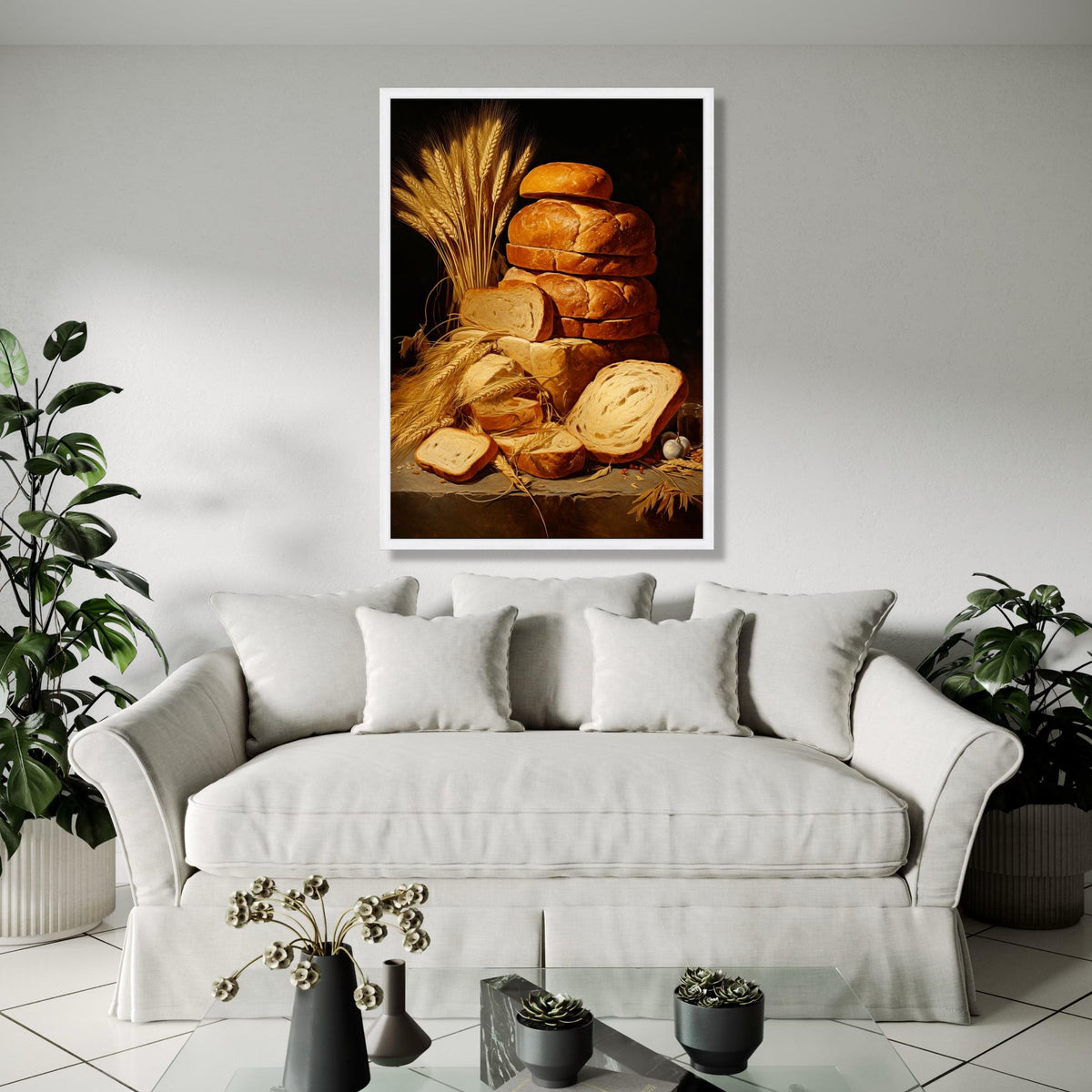 Rustic Fresh Bread Loaves Canvas, Wheat Sheaves Still Life Wall Art, Vintage Bakery Kitchen Decor, Home Food Gift Art, Home Decor, Print