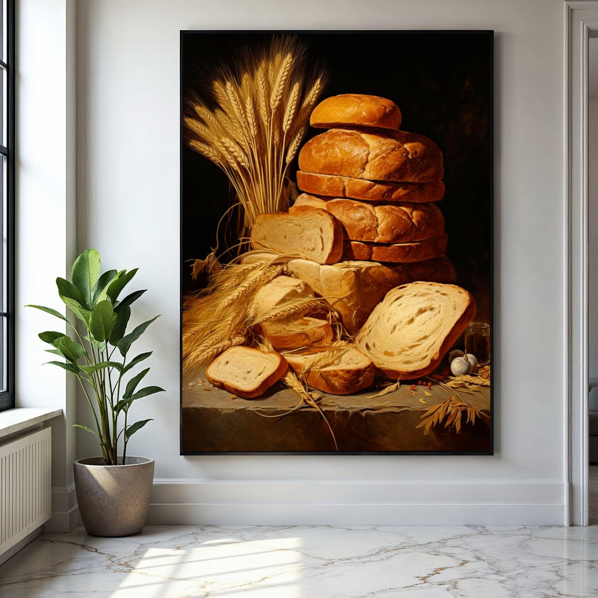 Rustic Fresh Bread Loaves Canvas, Wheat Sheaves Still Life Wall Art, Vintage Bakery Kitchen Decor, Home Food Gift Art, Home Decor, Print