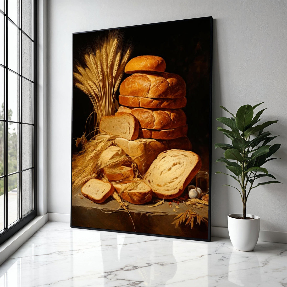 Rustic Fresh Bread Loaves Canvas, Wheat Sheaves Still Life Wall Art, Vintage Bakery Kitchen Decor, Home Food Gift Art, Home Decor, Print