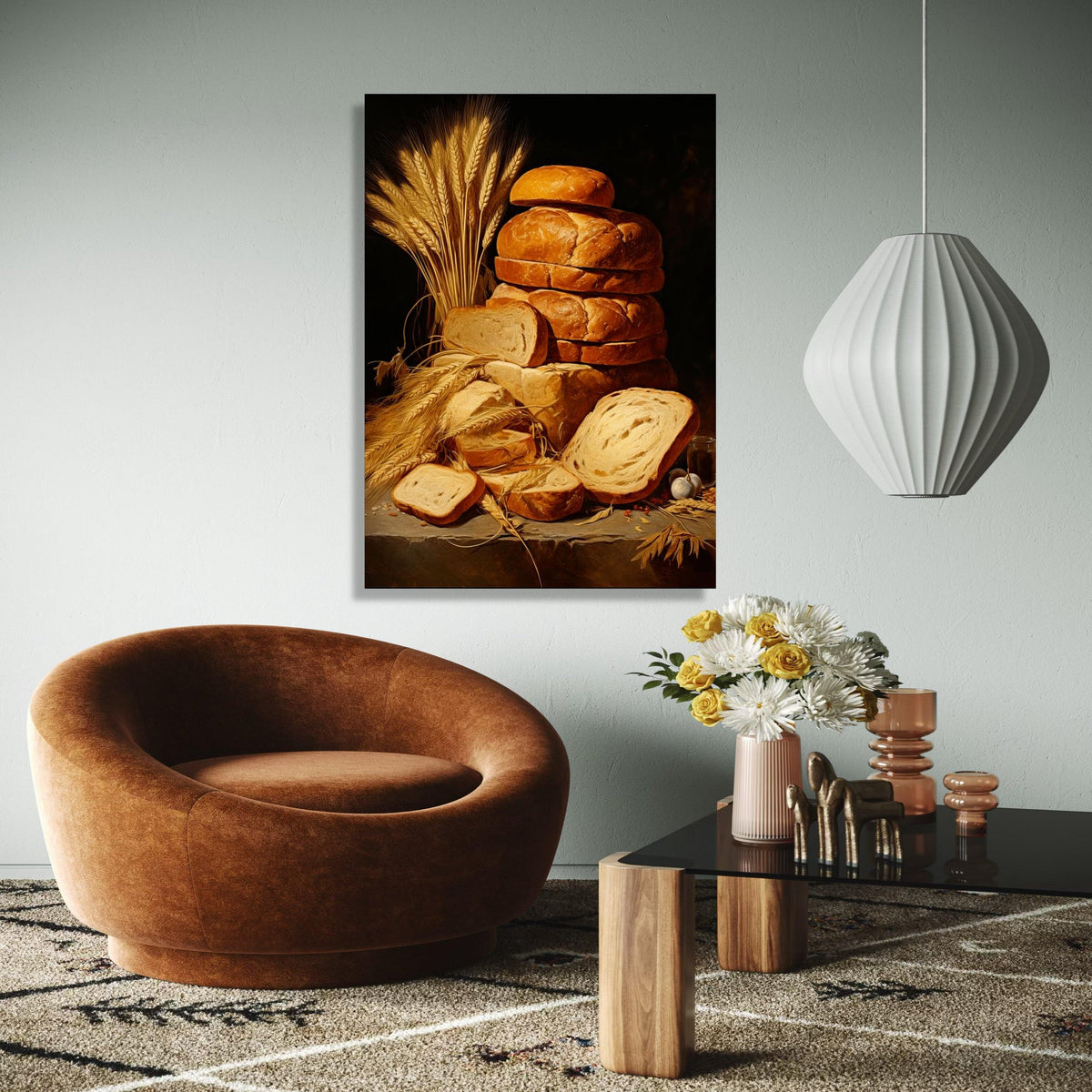 Rustic Fresh Bread Loaves Canvas, Wheat Sheaves Still Life Wall Art, Vintage Bakery Kitchen Decor, Home Food Gift Art, Home Decor, Print