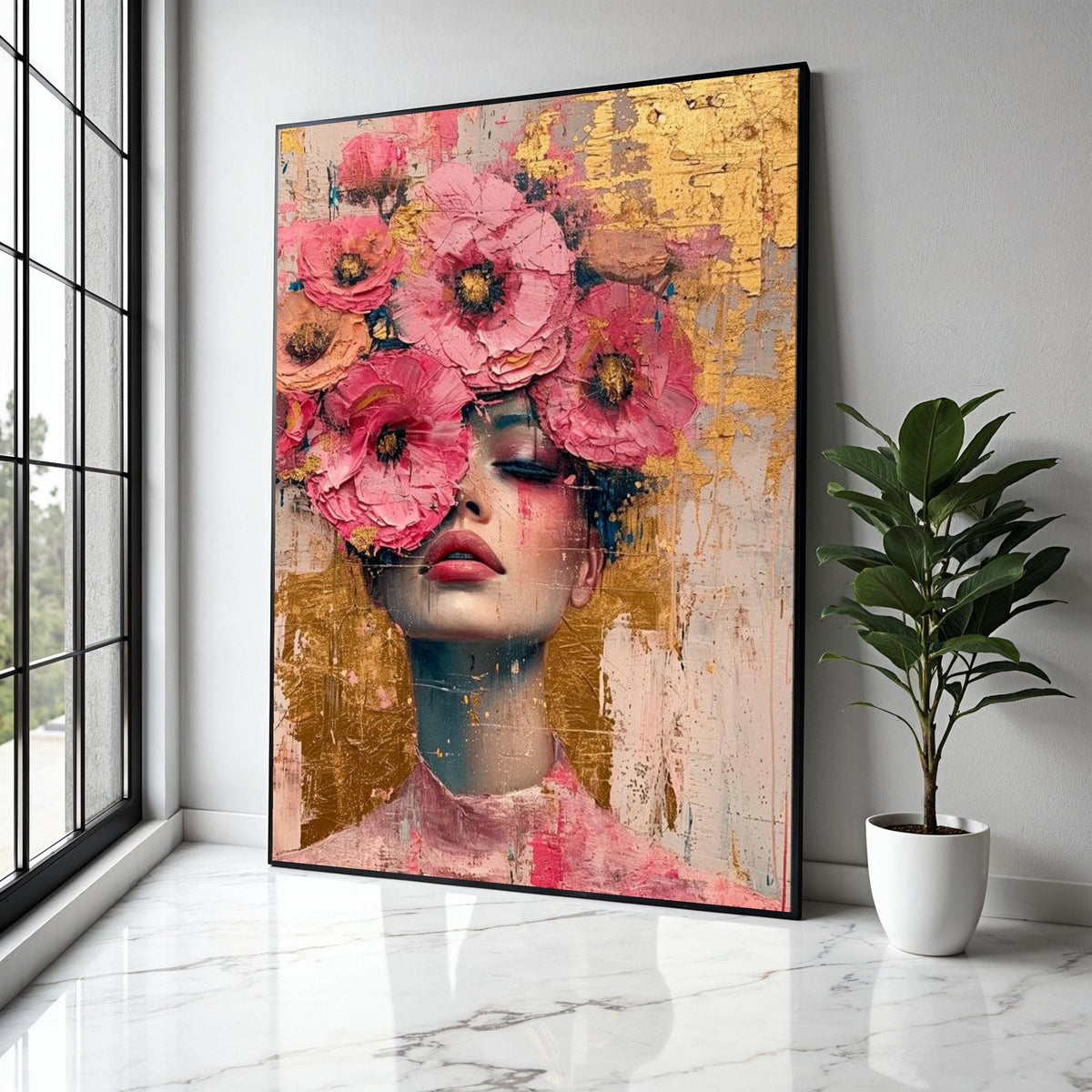 Floral Face Portrait Canvas, Pink Flower Crown Wall Art, Abstract Female Painting, Modern Home Decor, Canvas Gift Art, Home Decor, Print