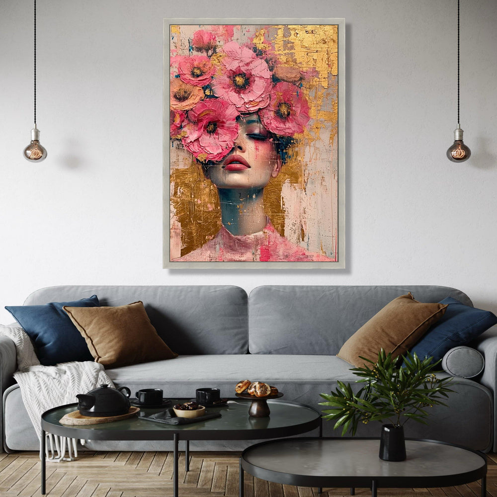 Floral Face Portrait Canvas, Pink Flower Crown Wall Art, Abstract Female Painting, Modern Home Decor, Canvas Gift Art, Home Decor, Print