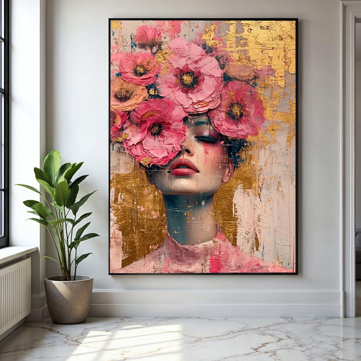 Floral Face Portrait Canvas, Pink Flower Crown Wall Art, Abstract Female Painting, Modern Home Decor, Canvas Gift Art, Home Decor, Print