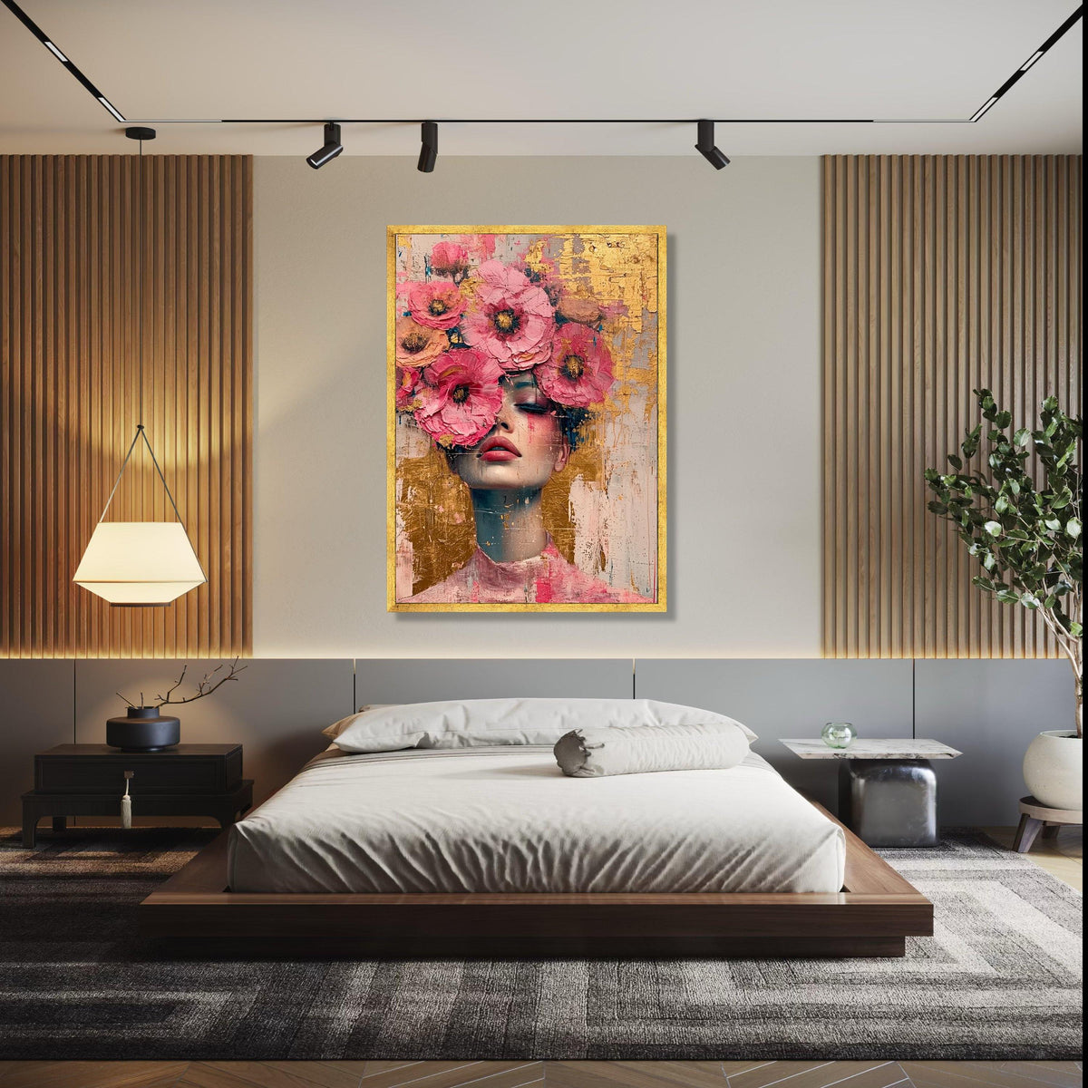 Floral Face Portrait Canvas, Pink Flower Crown Wall Art, Abstract Female Painting, Modern Home Decor, Canvas Gift Art, Home Decor, Print
