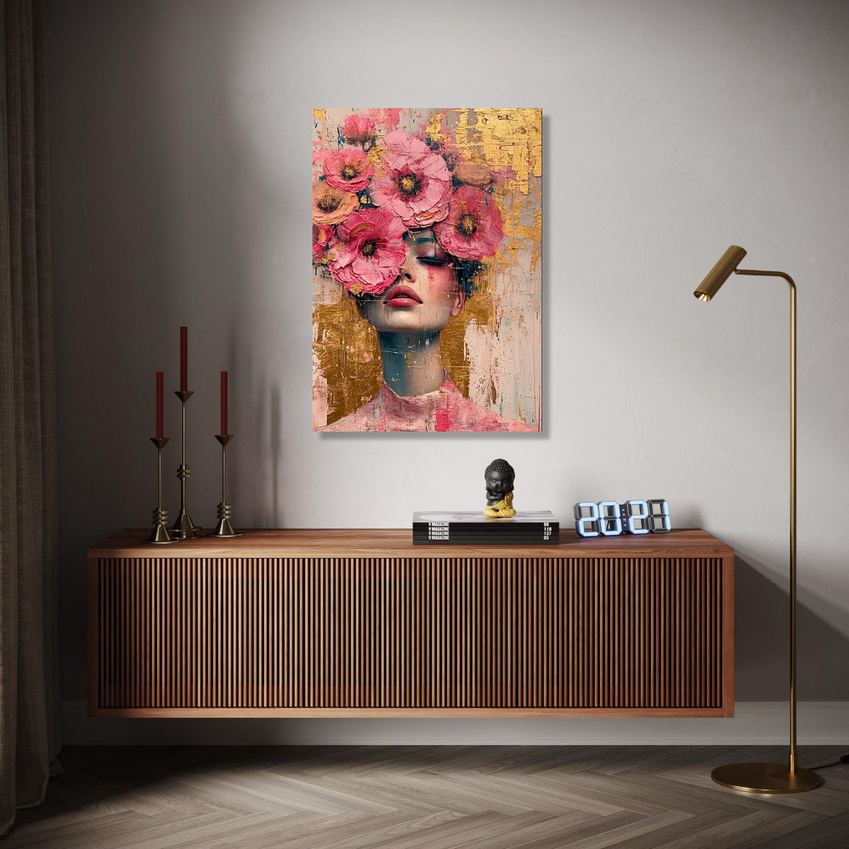 Floral Face Portrait Canvas, Pink Flower Crown Wall Art, Abstract Female Painting, Modern Home Decor, Canvas Gift Art, Home Decor, Print