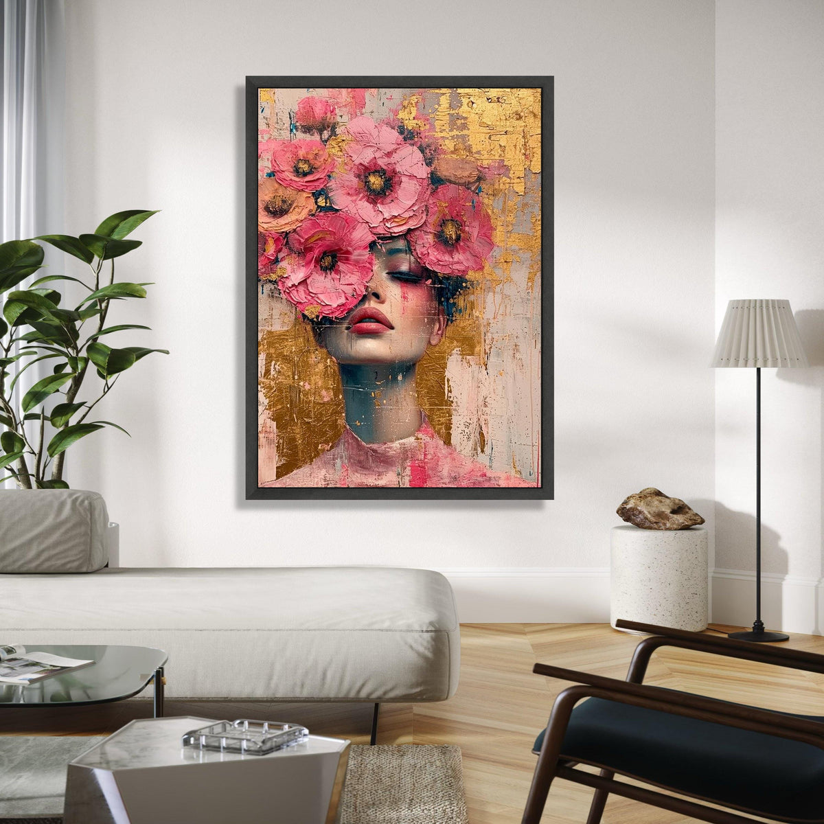 Floral Face Portrait Canvas, Pink Flower Crown Wall Art, Abstract Female Painting, Modern Home Decor, Canvas Gift Art, Home Decor, Print