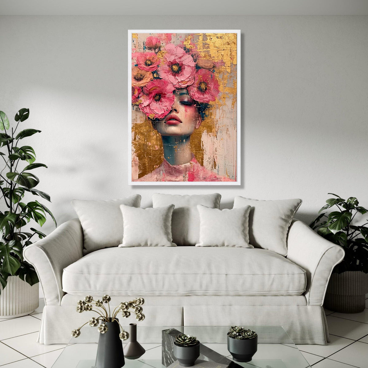 Floral Face Portrait Canvas, Pink Flower Crown Wall Art, Abstract Female Painting, Modern Home Decor, Canvas Gift Art, Home Decor, Print