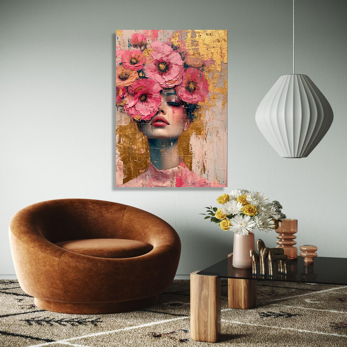 Floral Face Portrait Canvas, Pink Flower Crown Wall Art, Abstract Female Painting, Modern Home Decor, Canvas Gift Art, Home Decor, Print