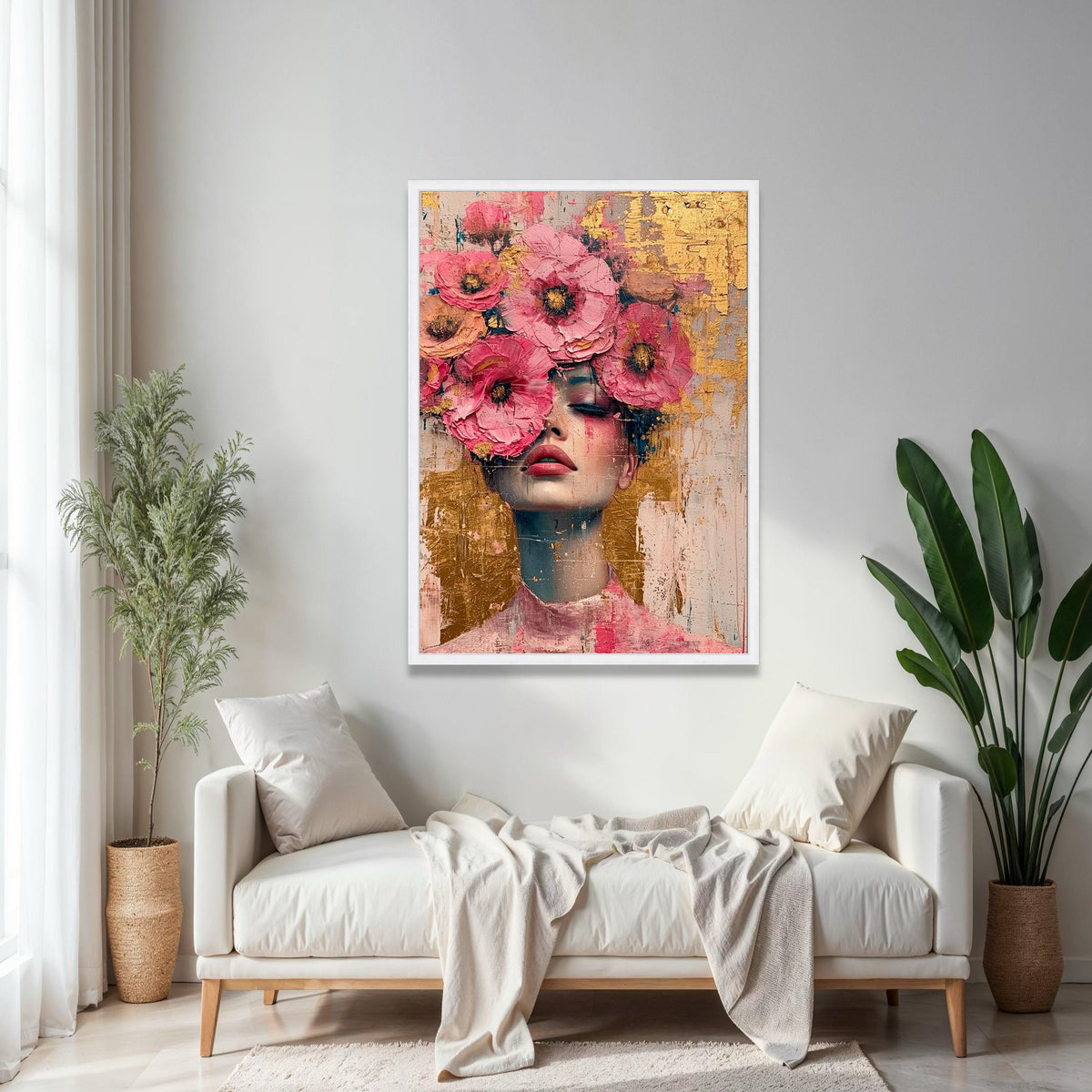 Floral Face Portrait Canvas, Pink Flower Crown Wall Art, Abstract Female Painting, Modern Home Decor, Canvas Gift Art, Home Decor, Print