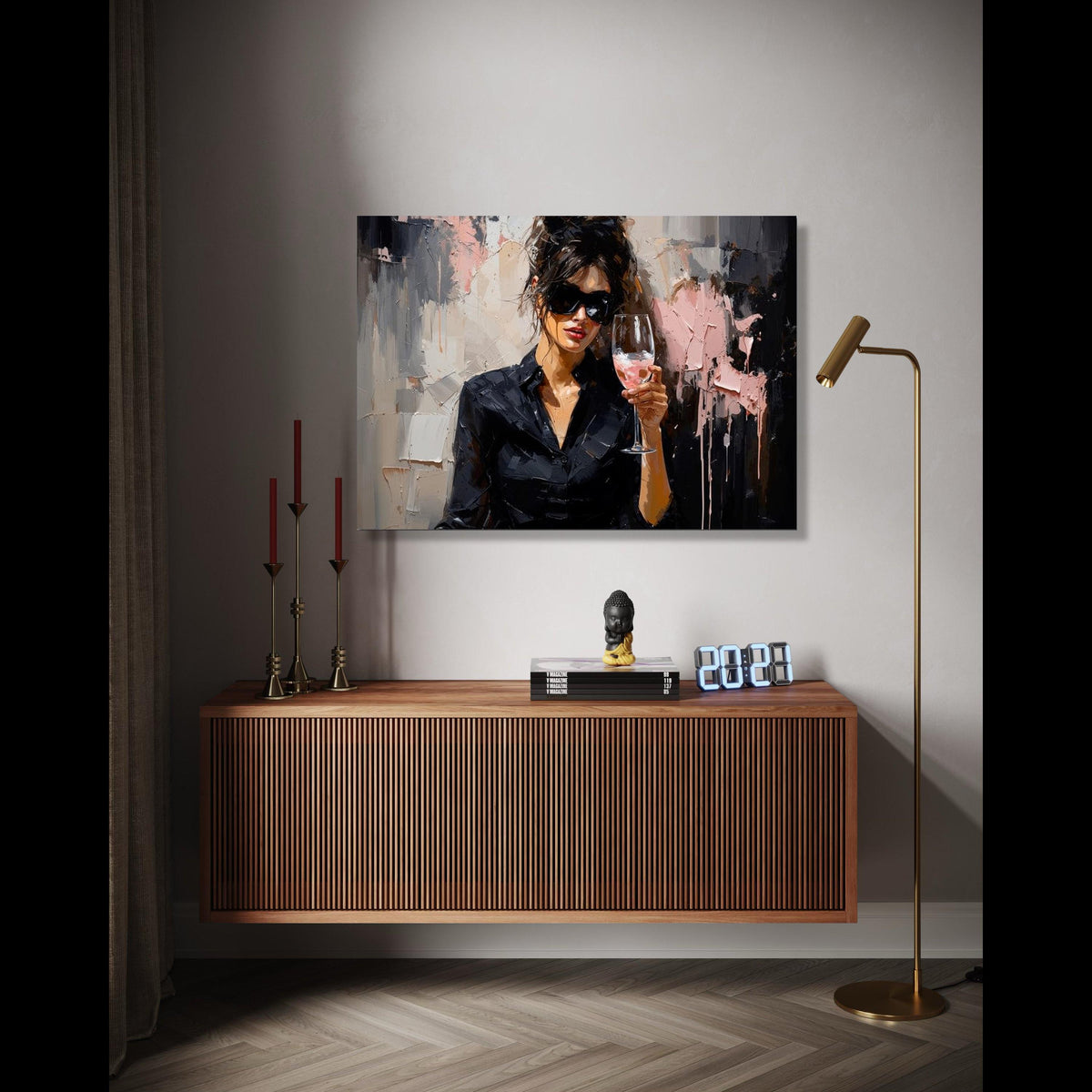 Elegant Woman with Wine Glass Canvas, Modern Portrait Wall Art, Chic Fashion Canvas, Contemporary Abstract Gift Art, Home Decor, Print