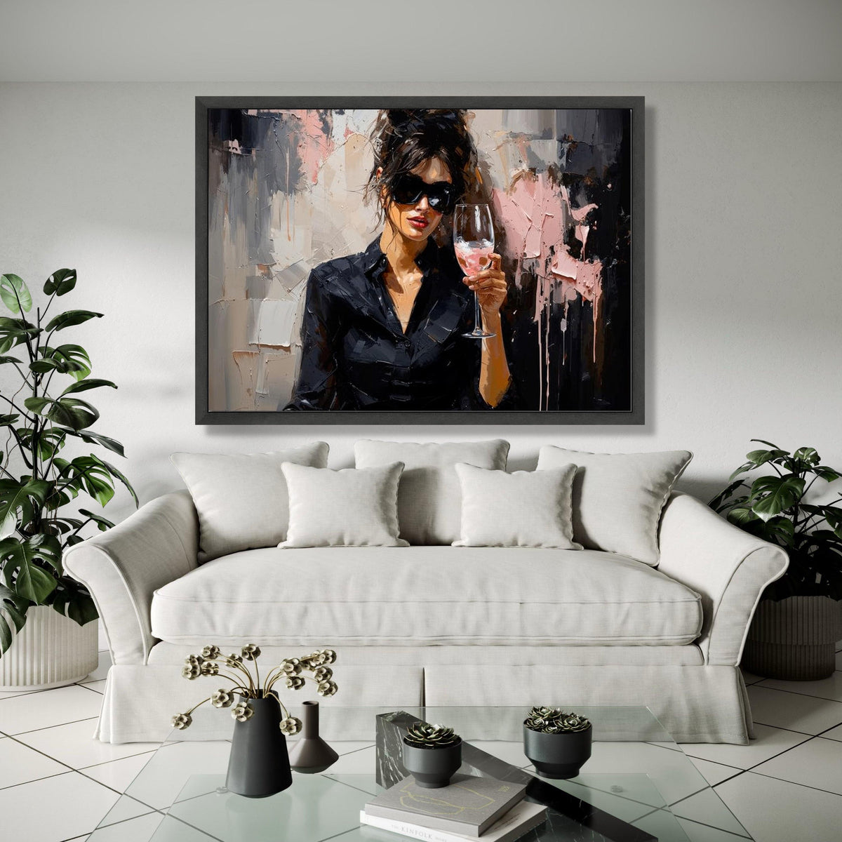 Elegant Woman with Wine Glass Canvas, Modern Portrait Wall Art, Chic Fashion Canvas, Contemporary Abstract Gift Art, Home Decor, Print