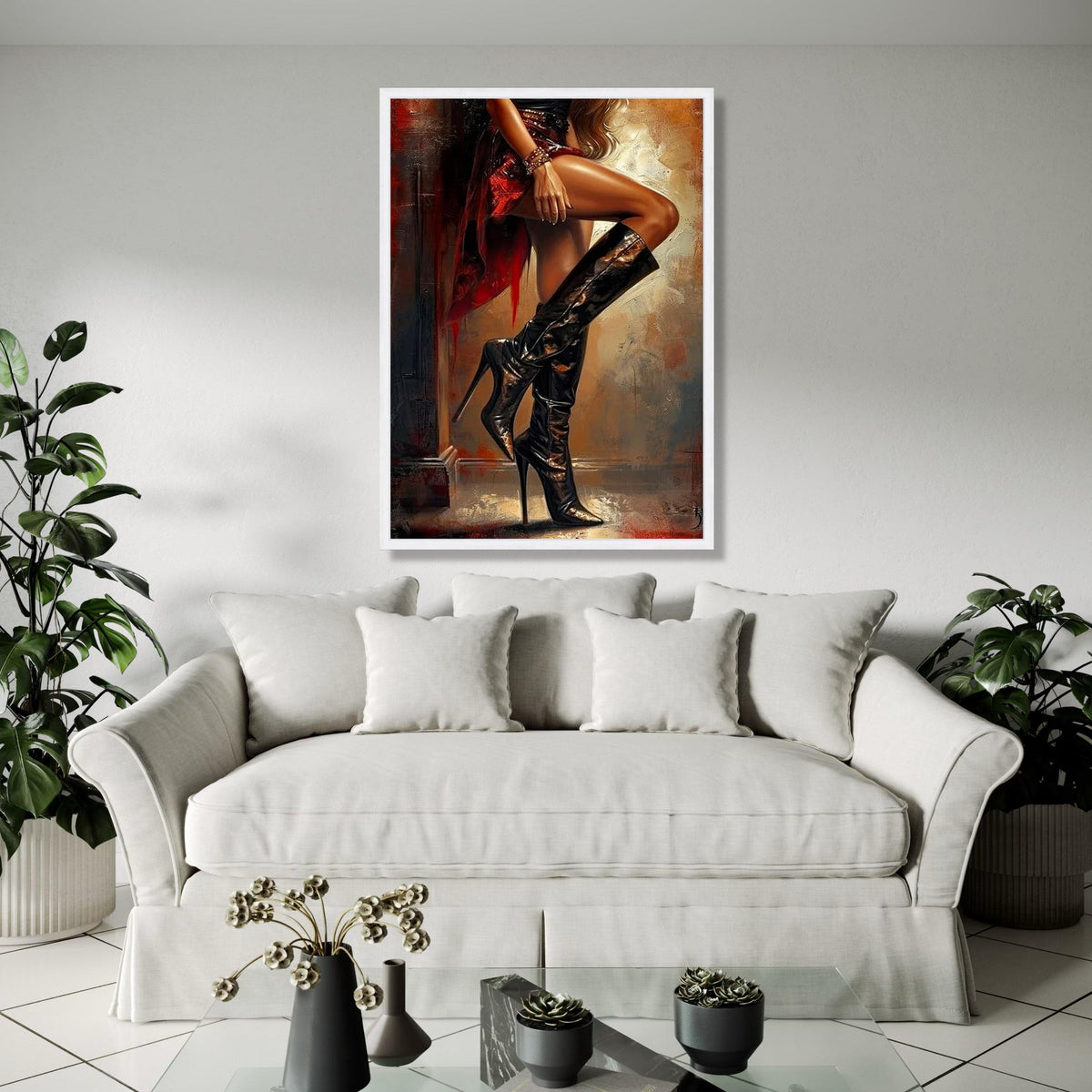 Elegant Woman in Black High Heels Canvas, Fashion Art Print, Stylish Boots Wall Decor, Glamorous Legs Painting, Gift Art, Home Decor, Print
