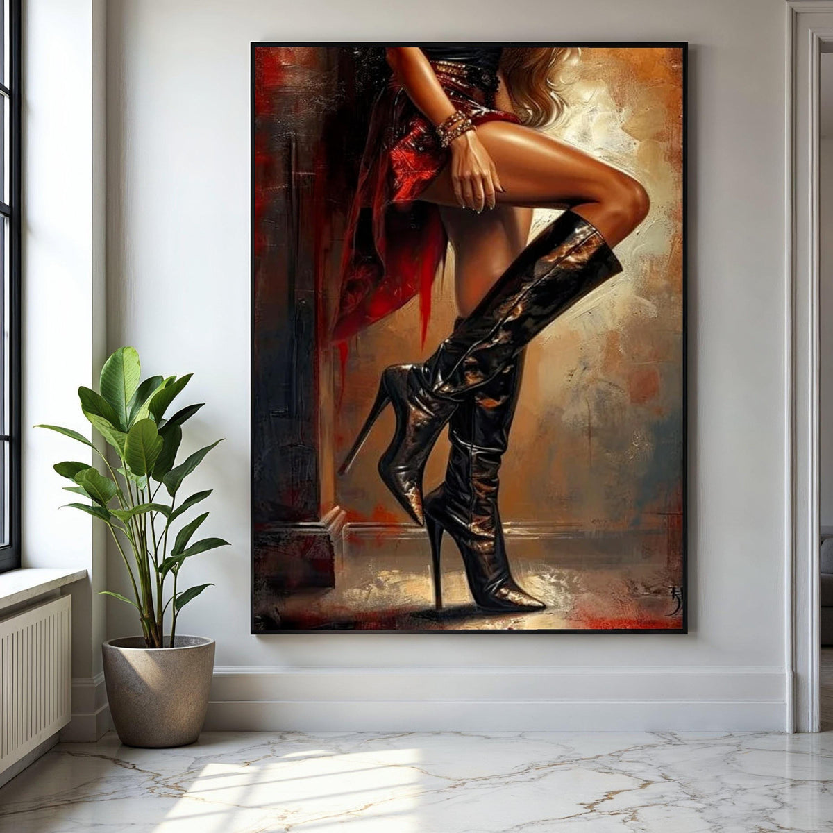 Elegant Woman in Black High Heels Canvas, Fashion Art Print, Stylish Boots Wall Decor, Glamorous Legs Painting, Gift Art, Home Decor, Print
