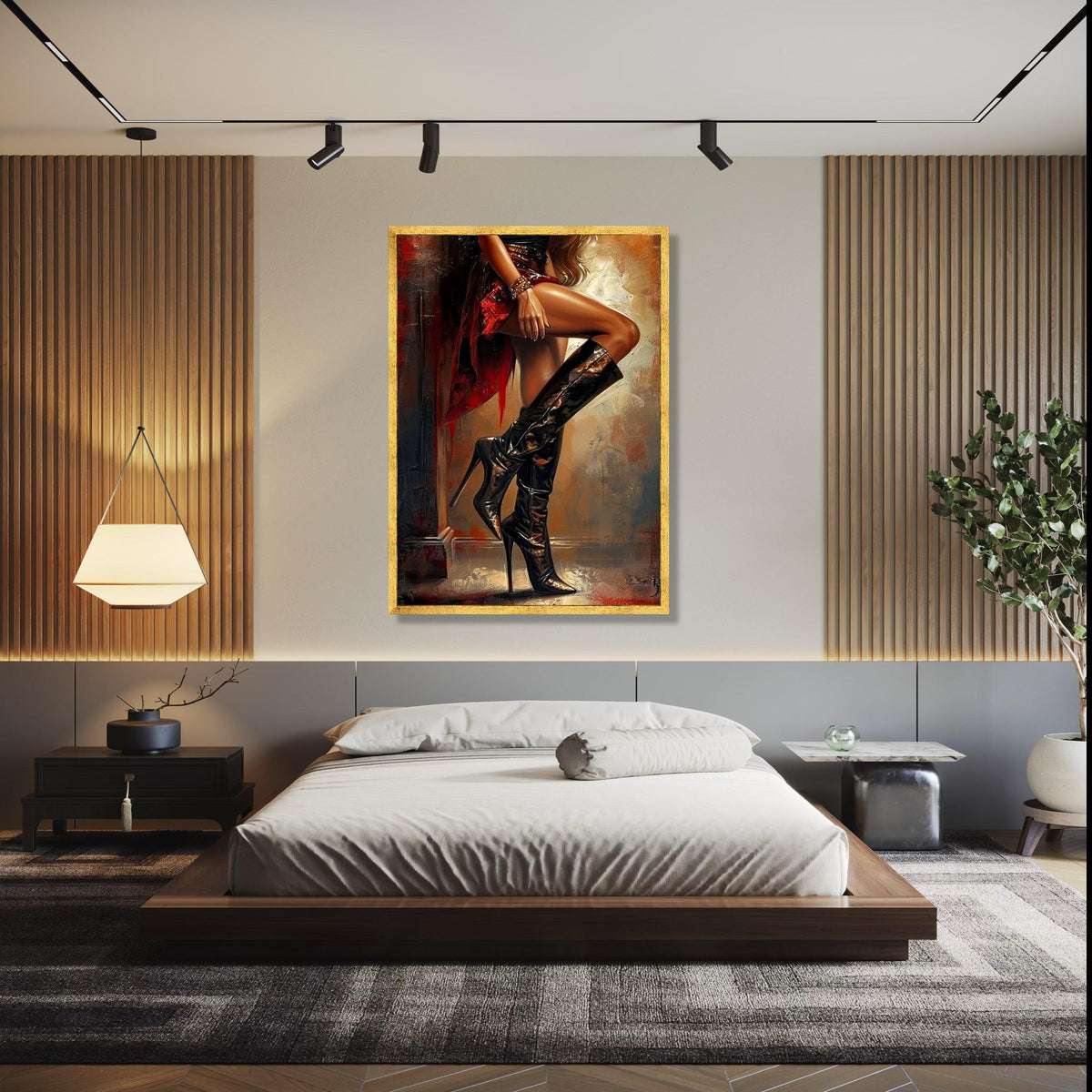 Elegant Woman in Black High Heels Canvas, Fashion Art Print, Stylish Boots Wall Decor, Glamorous Legs Painting, Gift Art, Home Decor, Print