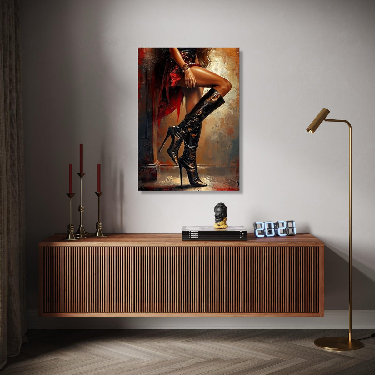 Elegant Woman in Black High Heels Canvas, Fashion Art Print, Stylish Boots Wall Decor, Glamorous Legs Painting, Gift Art, Home Decor, Print