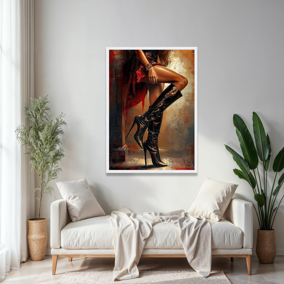 Elegant Woman in Black High Heels Canvas, Fashion Art Print, Stylish Boots Wall Decor, Glamorous Legs Painting, Gift Art, Home Decor, Print