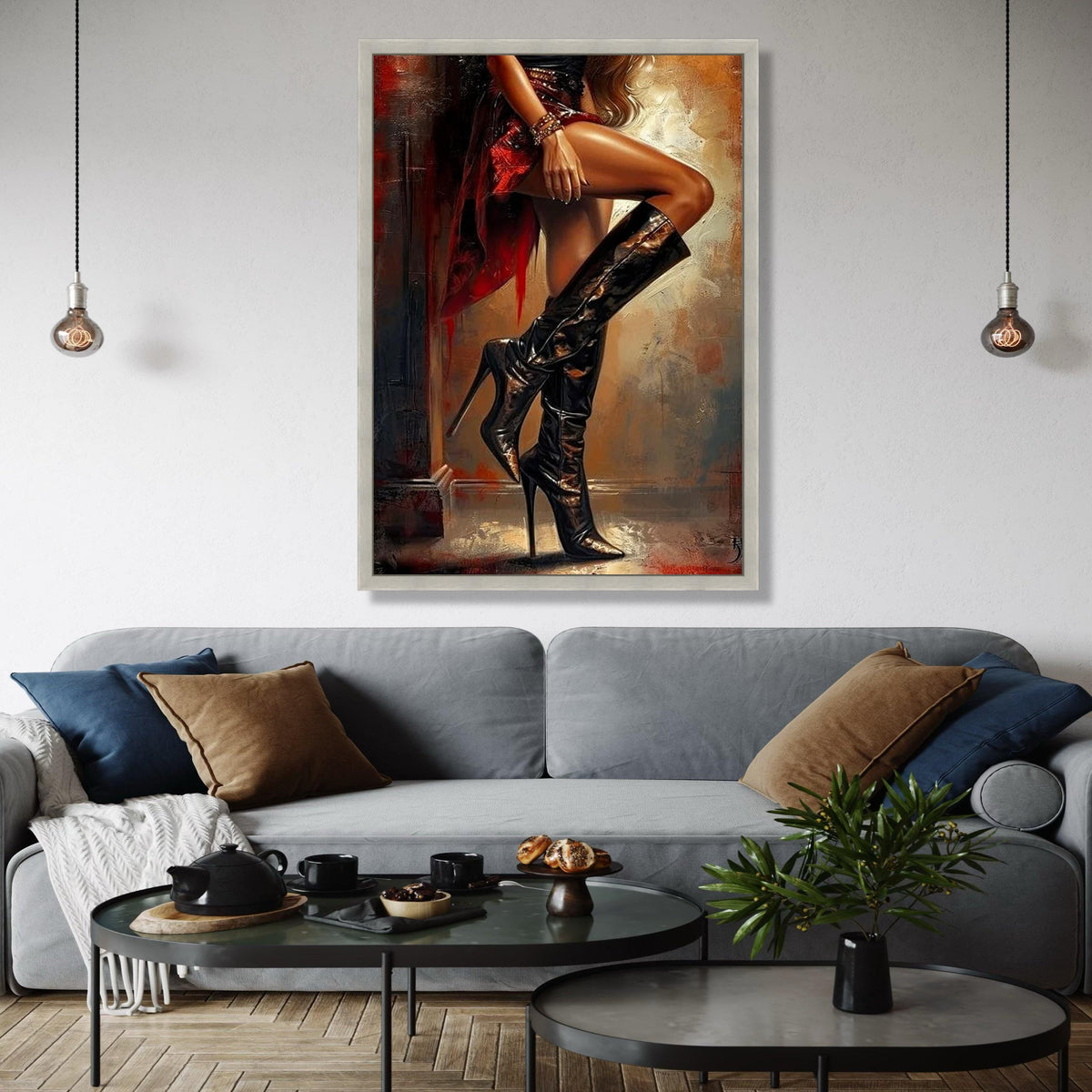 Elegant Woman in Black High Heels Canvas, Fashion Art Print, Stylish Boots Wall Decor, Glamorous Legs Painting, Gift Art, Home Decor, Print