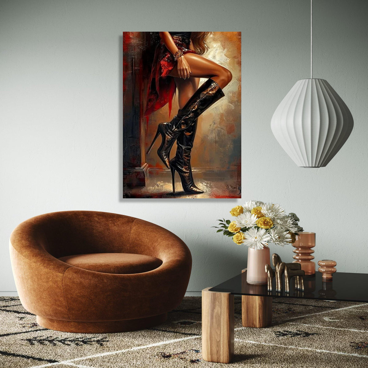Elegant Woman in Black High Heels Canvas, Fashion Art Print, Stylish Boots Wall Decor, Glamorous Legs Painting, Gift Art, Home Decor, Print
