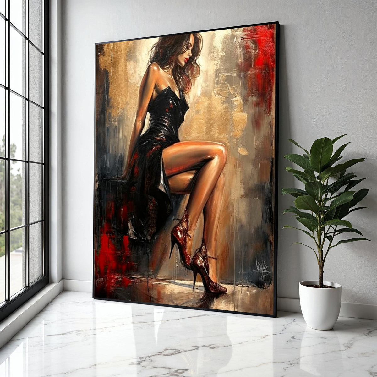 Elegant Woman in Black Dress Canvas, Sensual Female Portrait Art, Modern Glamour Wall Decor, Chic Home Gift Art, Home Decor, Print
